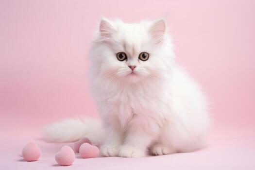 ai-generated-portrait-of-a-cute-little-domestic-cat-on-a-pink-background-with-love-hearts-photo